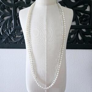 Extra Long Double Strand White Clear Faceted Beaded Necklace